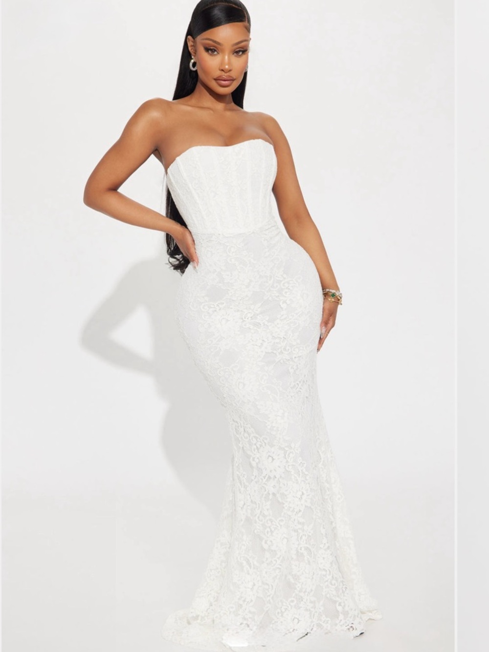 Strapless White Lace Mermaid Gown